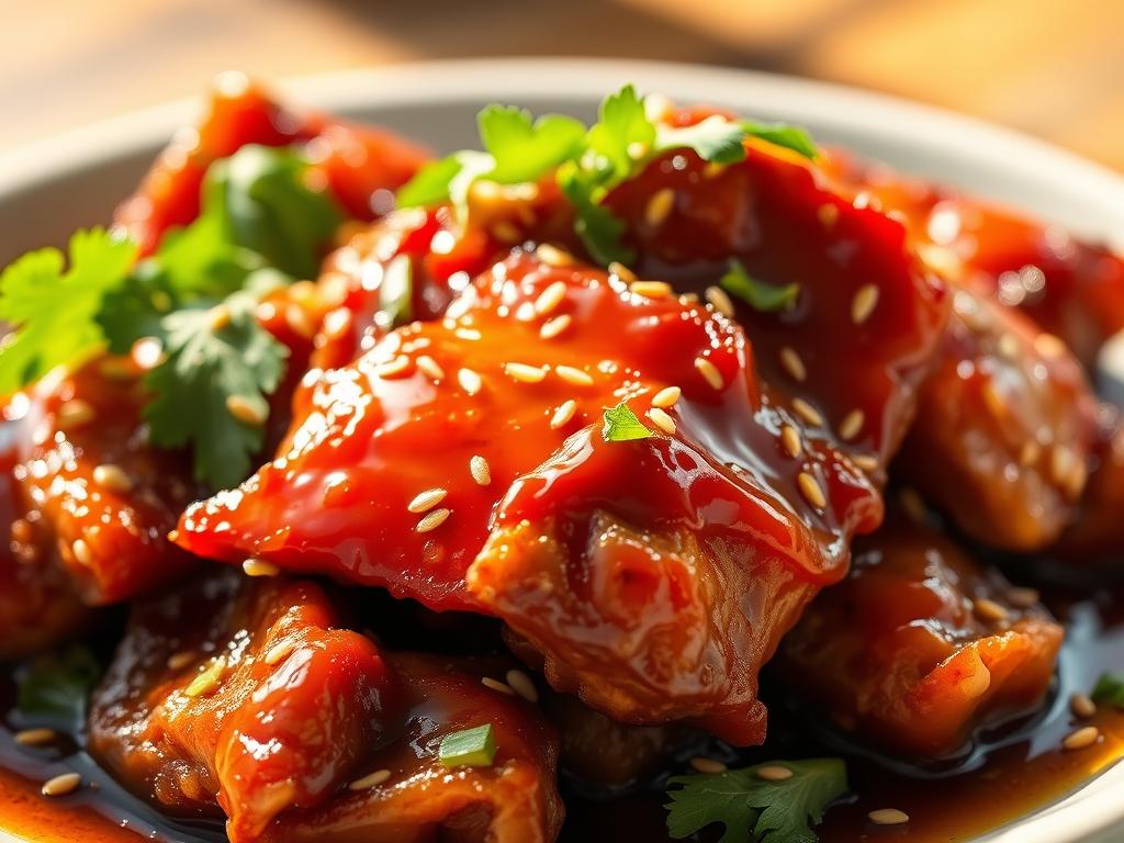 A close-up shot of an appetizing plate of deep-fried pork belly, glistening with a rich, savory fish sauce glaze. The pork is delicately crisp on the outside, with a tender, juicy interior. The dish is garnished with fresh herbs and a sprinkling of toasted sesame seeds, creating a visually appealing and mouthwatering composition. The scene is illuminated by warm, natural lighting, casting a golden glow and highlighting the textural contrast of the dish. The background is slightly blurred, keeping the focus on the succulent pork and its accompanying flavors. A close-up shot of an appetizing plate of deep-fried pork belly, glistening with a rich, savory fish sauce glaze. The pork is delicately crisp on the outside, with a tender, juicy interior. The dish is garnished with fresh herbs and a sprinkling of toasted sesame seeds, creating a visually appealing and mouthwatering composition. The scene is illuminated by warm, natural lighting, casting a golden glow and highlighting the textural contrast of the dish. The background is slightly blurred, keeping the focus on the succulent pork and its accompanying flavors.