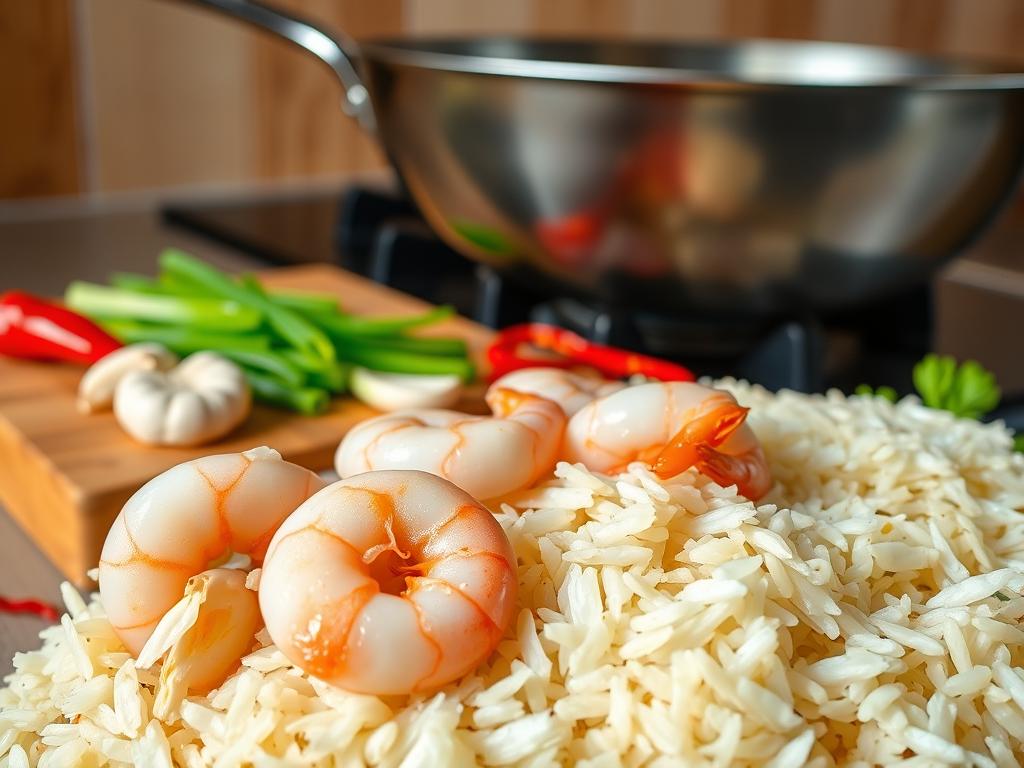 A close-up still life image of the ingredients for stir-fried rice with garlic and shrimp. Prominently featured in the foreground are freshly peeled shrimp, garlic cloves, and fragrant long-grain rice. The middle ground showcases a wooden cutting board with sliced scallions and red chili peppers. In the background, a stainless steel wok rests on a gas burner, hinting at the cooking process to come. The lighting is warm and natural, emphasizing the textures and colors of the ingredients. The overall composition conveys the simple, homemade nature of this classic Thai dish. A close-up still life image of the ingredients for stir-fried rice with garlic and shrimp. Prominently featured in the foreground are freshly peeled shrimp, garlic cloves, and fragrant long-grain rice. The middle ground showcases a wooden cutting board with sliced scallions and red chili peppers. In the background, a stainless steel wok rests on a gas burner, hinting at the cooking process to come. The lighting is warm and natural, emphasizing the textures and colors of the ingredients. The overall composition conveys the simple, homemade nature of this classic Thai dish.