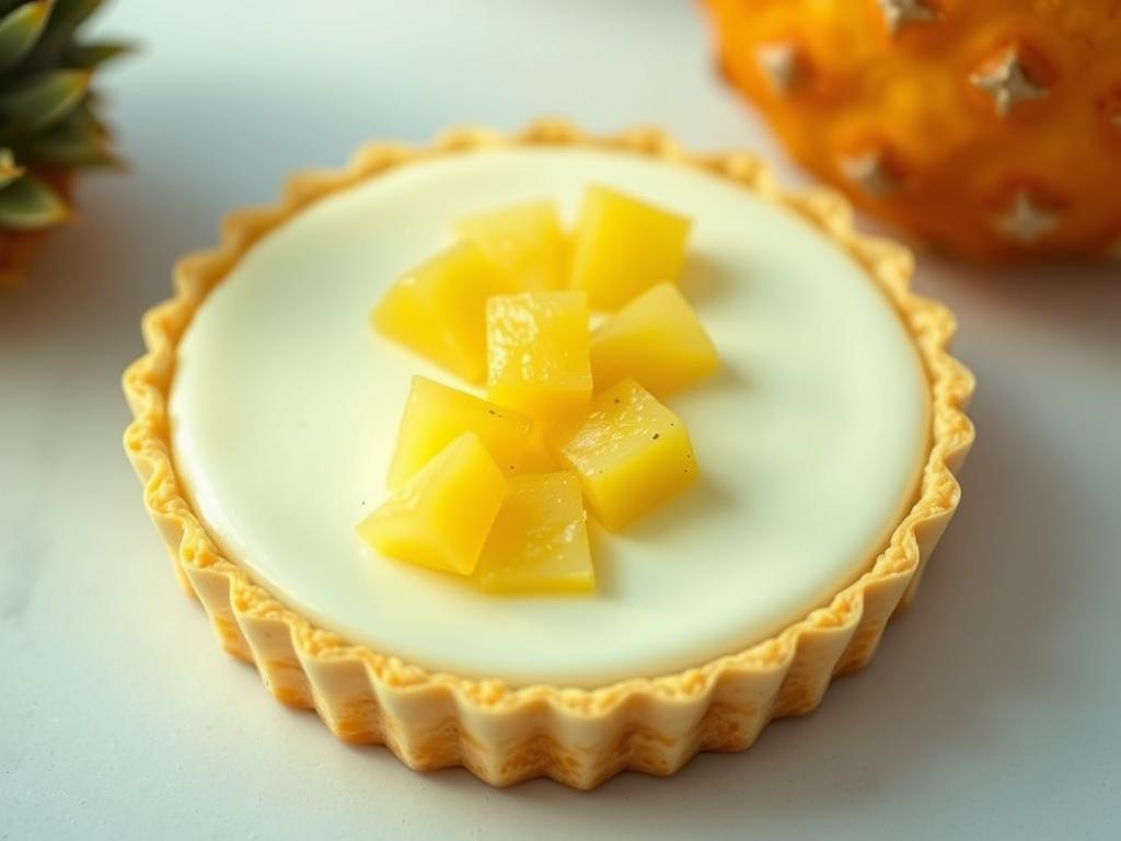A delicate Taiwanese-style cheesecake tart with a vibrant pineapple filling. The tart shell has a buttery, crisp texture that contrasts beautifully with the luscious, creamy cheesecake center. Juicy pineapple cubes are arranged in a visually appealing pattern, their golden hues creating a striking focal point. The tart is presented on a clean, minimalist surface, allowing the dessert to shine. Warm, soft lighting casts a gentle glow, emphasizing the tart's inviting texture and tantalizing flavors. The overall composition exudes a sense of balance, elegance, and mouthwatering appeal. A delicate Taiwanese-style cheesecake tart with a vibrant pineapple filling. The tart shell has a buttery, crisp texture that contrasts beautifully with the luscious, creamy cheesecake center. Juicy pineapple cubes are arranged in a visually appealing pattern, their golden hues creating a striking focal point. The tart is presented on a clean, minimalist surface, allowing the dessert to shine. Warm, soft lighting casts a gentle glow, emphasizing the tart's inviting texture and tantalizing flavors. The overall composition exudes a sense of balance, elegance, and mouthwatering appeal.