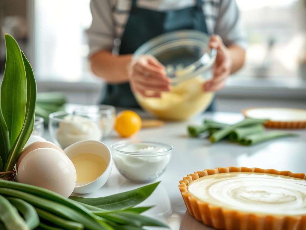 A detailed, step-by-step scene of making a fragrant pandan custard tart. In the foreground, carefully arranged ingredients including fresh pandan leaves, eggs, condensed milk, and a golden-brown tart crust. In the middle ground, a baker's hands meticulously mixing the custard filling. Behind them, a clean, modern kitchen counter with natural light streaming in, accentuating the vibrant green and creamy textures. The scene conveys a sense of precision, care, and the enticing aromas of this beloved Thai café dessert.
