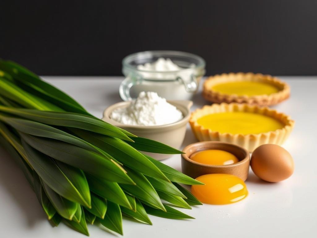 A neatly arranged still life showcasing the key ingredients for crafting the perfect pandan custard tart. In the foreground, a pile of fresh pandan leaves, their emerald hues shimmering under the warm, diffused lighting. Alongside, delicate egg yolks nestle in a small ceramic bowl, their rich, golden color a precursor to the custard's velvety texture. In the middle ground, a bowl of fragrant coconut milk and a sifter of all-purpose flour hint at the harmonious blend of flavors to come. In the background, a flaky, golden tart shell waits patiently, ready to be filled with the aromatic pandan custard. The overall mood is one of culinary anticipation, an invitation to indulge in the beloved Thai dessert.