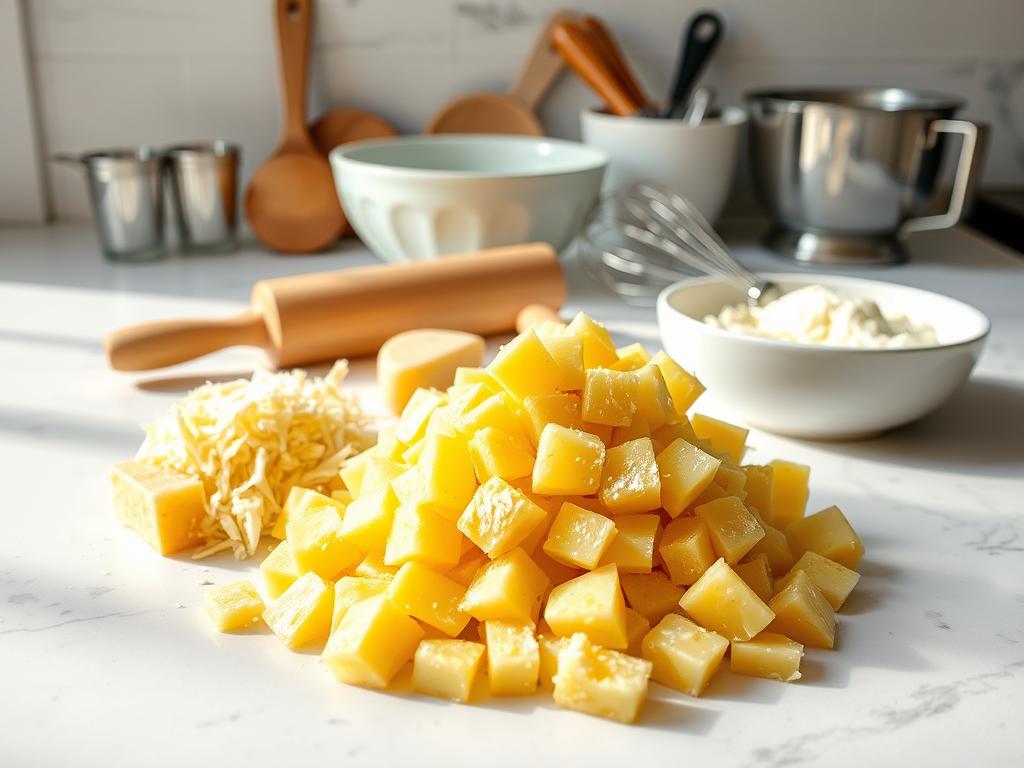 A neatly organized collection of fresh ingredients and essential baking tools laid out on a clean, white marble countertop. In the foreground, a pile of juicy pineapple chunks, grated cheese, and a pat of butter, all bathed in soft, natural light. In the middle ground, a rolling pin, a whisk, and a mixing bowl stand ready for action. In the background, a set of measuring cups and spoons, along with a chef's knife, create a sense of culinary preparedness. The scene conveys a mood of focused creativity, inviting the viewer to imagine the delicious Taiwanese pineapple cheesecake that will soon emerge from this well-equipped kitchen. A neatly organized collection of fresh ingredients and essential baking tools laid out on a clean, white marble countertop. In the foreground, a pile of juicy pineapple chunks, grated cheese, and a pat of butter, all bathed in soft, natural light. In the middle ground, a rolling pin, a whisk, and a mixing bowl stand ready for action. In the background, a set of measuring cups and spoons, along with a chef's knife, create a sense of culinary preparedness. The scene conveys a mood of focused creativity, inviting the viewer to imagine the delicious Taiwanese pineapple cheesecake that will soon emerge from this well-equipped kitchen.