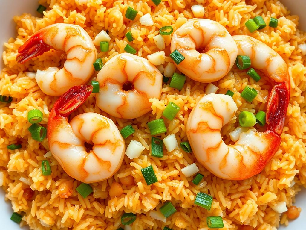 A vibrant, high-resolution image of a perfectly cooked plate of Thai garlic fried rice with plump, juicy shrimp. The rice is a golden, fluffy texture, glistening with a light soy sauce glaze. Freshly minced garlic and chopped scallions are scattered throughout, their aroma wafting in the air. Halved shrimp, their tails curled, are strategically placed, their pink and white hues complementing the rice. The image is shot from a high angle, bathed in warm, natural lighting, creating a mouthwatering scene that captures the essence of this classic Thai dish. The overall composition is balanced and visually appealing, inviting the viewer to dive in and enjoy the delectable flavors. A vibrant, high-resolution image of a perfectly cooked plate of Thai garlic fried rice with plump, juicy shrimp. The rice is a golden, fluffy texture, glistening with a light soy sauce glaze. Freshly minced garlic and chopped scallions are scattered throughout, their aroma wafting in the air. Halved shrimp, their tails curled, are strategically placed, their pink and white hues complementing the rice. The image is shot from a high angle, bathed in warm, natural lighting, creating a mouthwatering scene that captures the essence of this classic Thai dish. The overall composition is balanced and visually appealing, inviting the viewer to dive in and enjoy the delectable flavors.