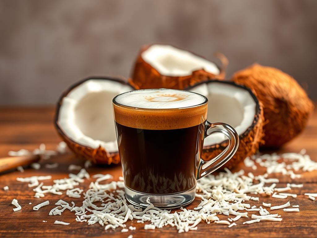 A vibrant still life showcasing the art of coconut espresso presentation. In the foreground, a steaming cup of espresso sits atop a wooden surface, its rich, dark brown hue contrasting with the creamy white coconut foam that crowns it. Scattered around the cup are freshly grated coconut shavings, their natural oils glistening under the warm, focused lighting. In the middle ground, a selection of whole coconuts, some cracked open to reveal their luscious flesh, add depth and textural interest. The background is a soft, muted palette, allowing the subject to take center stage and captivate the viewer's senses with the intriguing blend of aroma and flavor. A vibrant still life showcasing the art of coconut espresso presentation. In the foreground, a steaming cup of espresso sits atop a wooden surface, its rich, dark brown hue contrasting with the creamy white coconut foam that crowns it. Scattered around the cup are freshly grated coconut shavings, their natural oils glistening under the warm, focused lighting. In the middle ground, a selection of whole coconuts, some cracked open to reveal their luscious flesh, add depth and textural interest. The background is a soft, muted palette, allowing the subject to take center stage and captivate the viewer's senses with the intriguing blend of aroma and flavor.