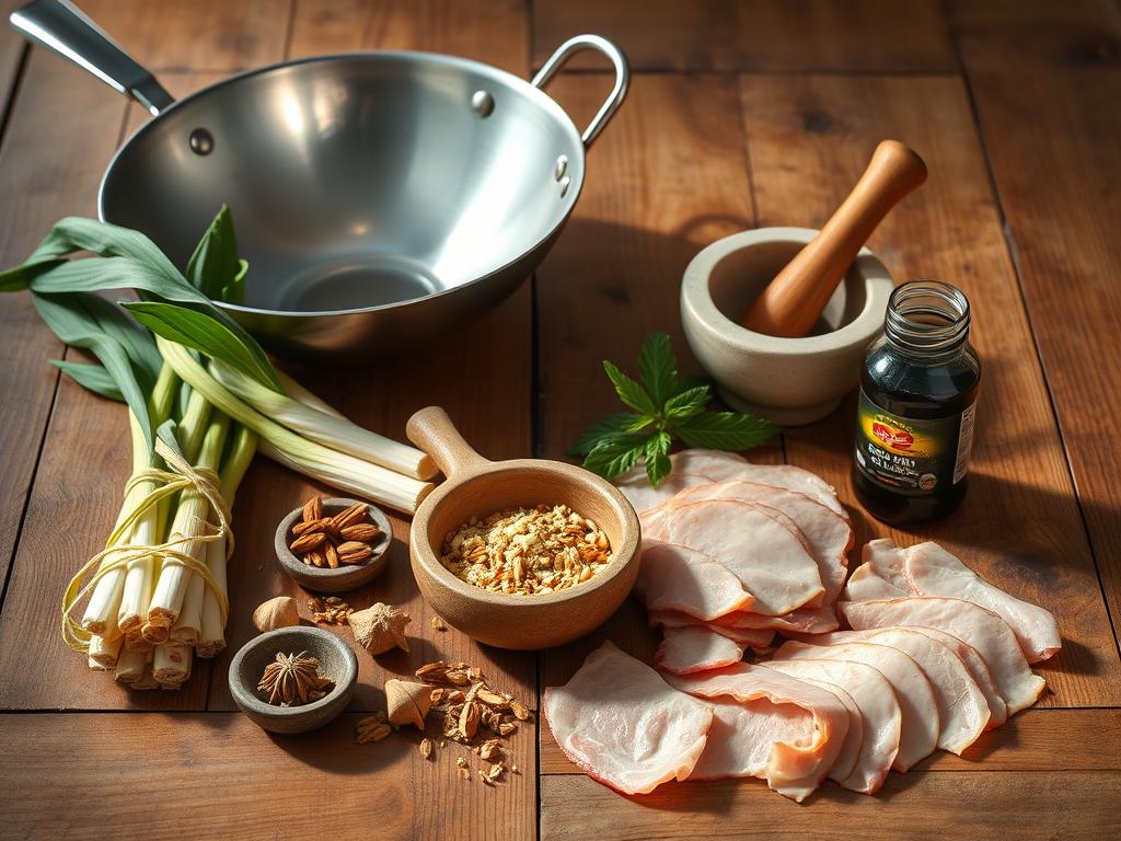 An artfully arranged still life showcasing the essential ingredients and tools needed to prepare a delectable Thai fried pork belly dish. A rustic wooden surface serves as the backdrop, upon which rests various elements - a gleaming wok, a bundle of lemongrass, a mortar and pestle filled with aromatic spices, a jar of fish sauce, and thin-sliced pork belly. The lighting is soft and natural, casting subtle shadows that accentuate the textures. The overall composition evokes a sense of culinary anticipation, hinting at the flavorful dish to come. An artfully arranged still life showcasing the essential ingredients and tools needed to prepare a delectable Thai fried pork belly dish. A rustic wooden surface serves as the backdrop, upon which rests various elements - a gleaming wok, a bundle of lemongrass, a mortar and pestle filled with aromatic spices, a jar of fish sauce, and thin-sliced pork belly. The lighting is soft and natural, casting subtle shadows that accentuate the textures. The overall composition evokes a sense of culinary anticipation, hinting at the flavorful dish to come.