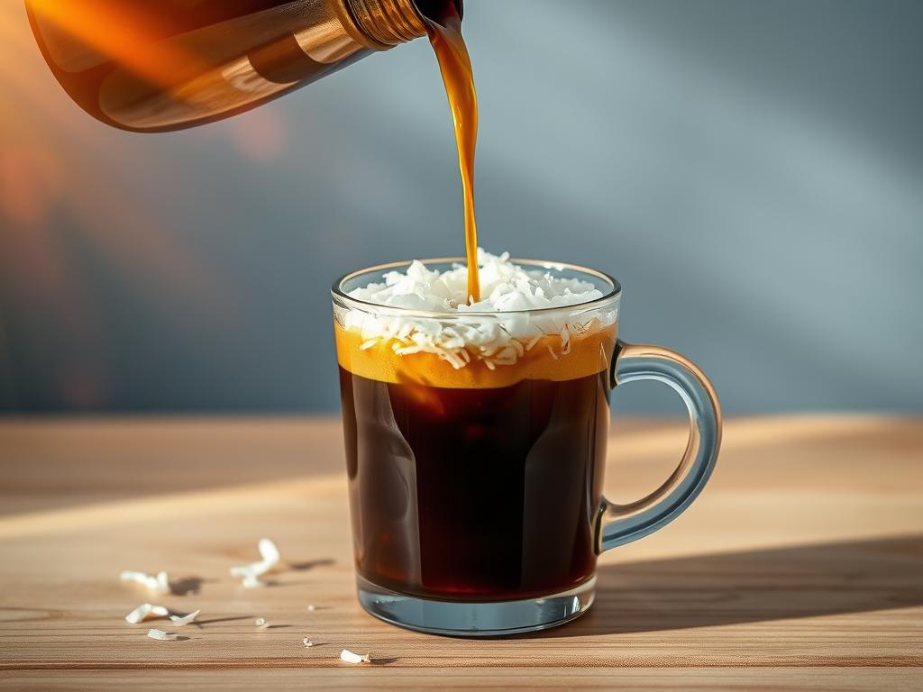 Freshly brewed espresso pours into a clear glass, its rich, dark crema contrasting with the lush, grated coconut floating on top. The coconut's vibrant, tropical hue complements the espresso's deep, aromatic tones, creating a visually striking and enticing composition. Delicate beams of warm, golden light filter through the scene, casting a soft, inviting glow and highlighting the textural interplay between the smooth espresso and the shredded coconut. The entire setup is arranged on a clean, minimalist wooden surface, allowing the vibrant colors and textures to take center stage and convey the fresh, homemade appeal of this decadent coconut espresso. Freshly brewed espresso pours into a clear glass, its rich, dark crema contrasting with the lush, grated coconut floating on top. The coconut's vibrant, tropical hue complements the espresso's deep, aromatic tones, creating a visually striking and enticing composition. Delicate beams of warm, golden light filter through the scene, casting a soft, inviting glow and highlighting the textural interplay between the smooth espresso and the shredded coconut. The entire setup is arranged on a clean, minimalist wooden surface, allowing the vibrant colors and textures to take center stage and convey the fresh, homemade appeal of this decadent coconut espresso.