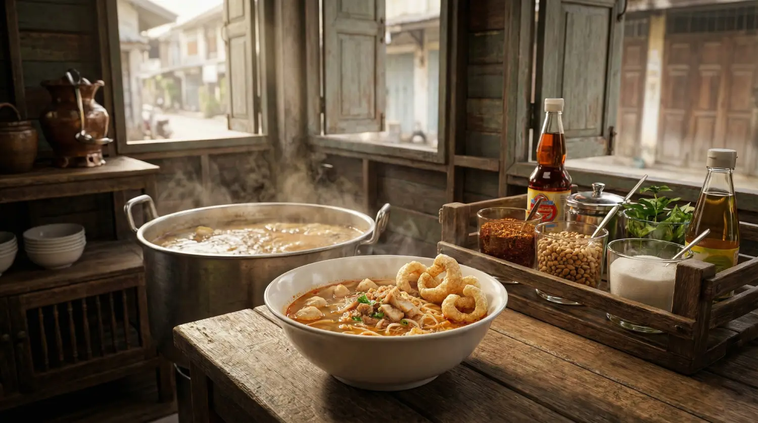 ก๋วยเตี๋ยวต้มยำกากหมูโบราณ รสจัด หอมมัน