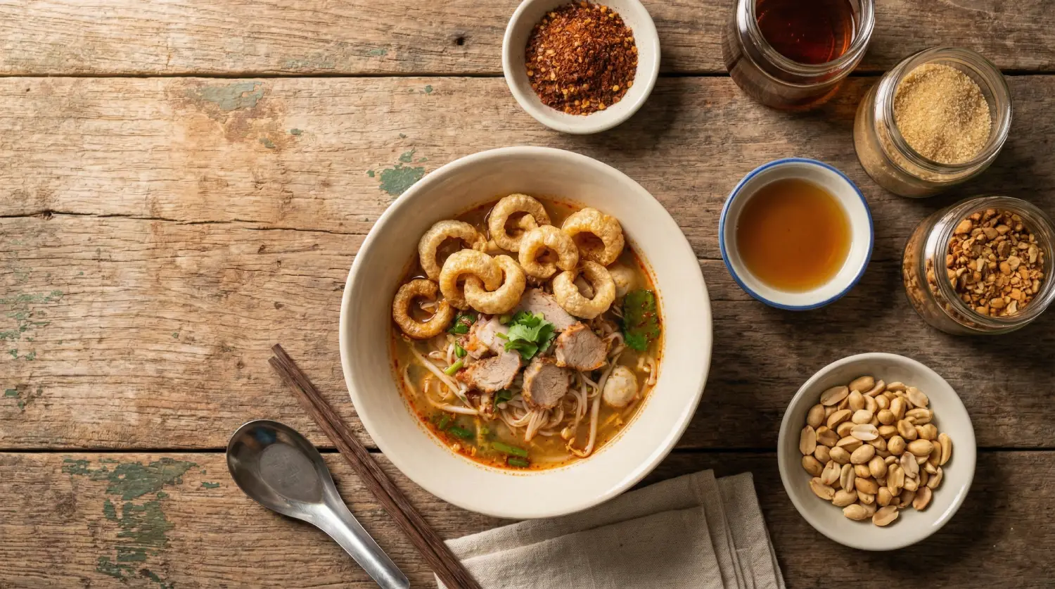 ก๋วยเตี๋ยวต้มยำกากหมูโบราณ รสจัด หอมมัน