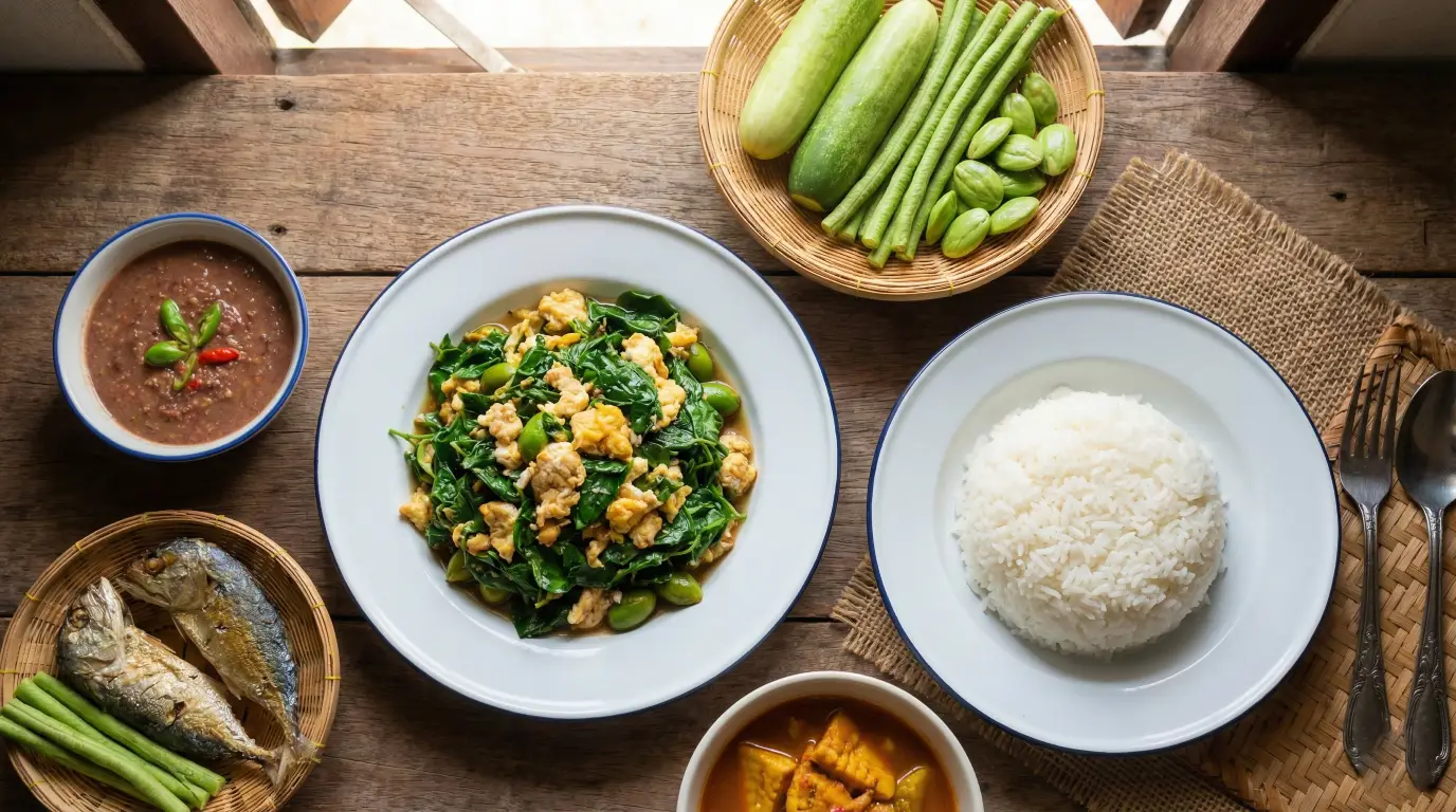 ใบเหลียงผัดไข่ อาหารใต้พื้นบ้าน หอมมัน